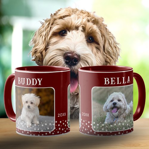 Cute 2 Dogs Photo Names Star Pattern Red Mug