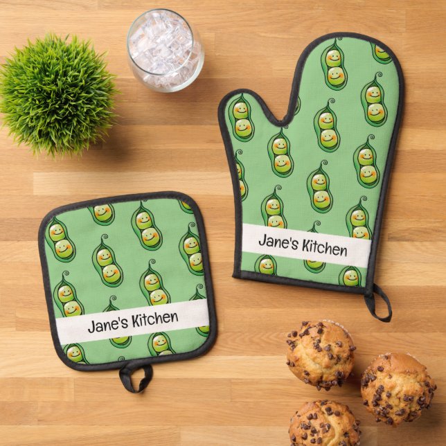 cute 2 peas in a pod (name) oven mitt & pot holder set (Top Down)