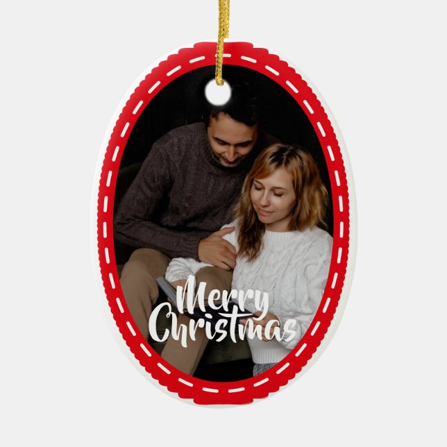 Cute 2 Photo Frame Christmas Ceramic Ornament (Front)