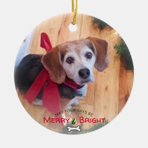 Cute 2 Sided Dog Photo Merry and Bright Ceramic Ornament
