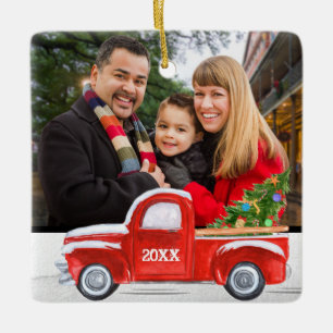 Cute 2-Sided Family Photo Red Truck Christmas Ceramic Ornament