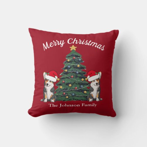 Cute 2 Tricolor Corgi Christmas Custom Red Holiday Throw Pillow