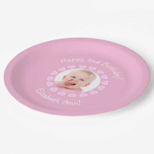 Cute 2nd Birthday Girl Pink Hearts Frame Photo Paper Plates