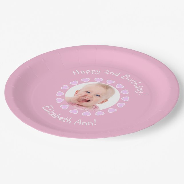Cute 2nd Birthday Girl Pink Hearts Frame Photo Paper Plates (Angled)
