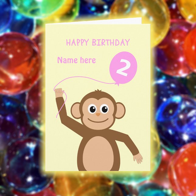 Cute 2nd birthday monkey add name pink card (Creator Uploaded)