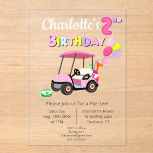Cute 2nd Birthday Polka Dot Pink Girly Golf Acrylic Invitations