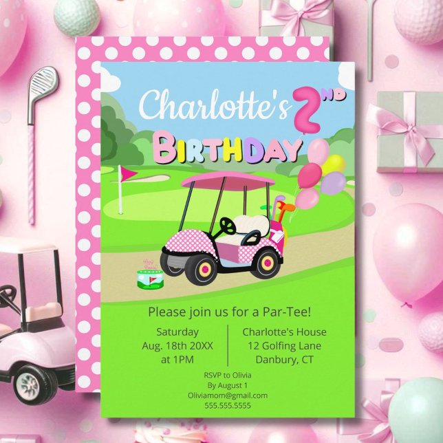 Cute 2nd Birthday Polka Dot Pink Girly Golf  Invitation (Creator Uploaded)