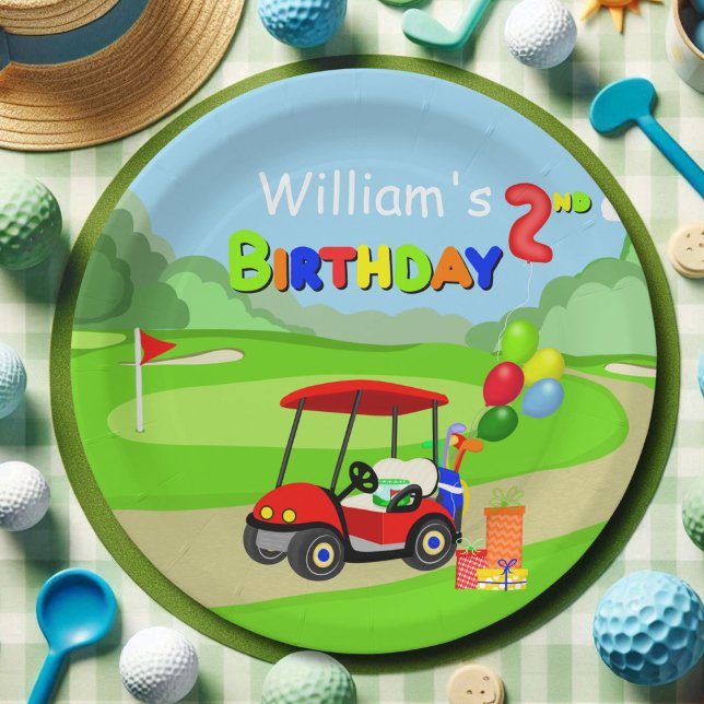 Cute 2nd Birthday Red Golf Cart Boy's Paper Plates (Creator Uploaded)