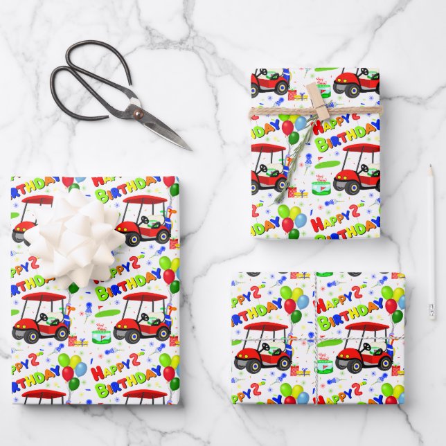 Cute 2nd Birthday Red Golf Cart Boy's  Wrapping Paper Sheets (Front)
