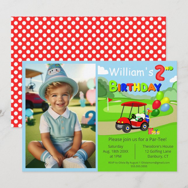 Cute 2nd Photo Birthday Red Golf Cart Boy's Invitation (Front/Back)