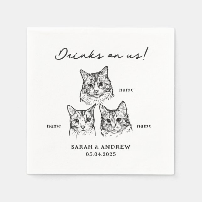 Cute 3 Cats Drinks On Us Wedding  Napkins (Front)