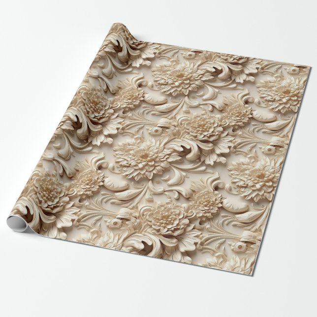 Cute 3-D Ivory/Gold Christmas Florals Wrapping Paper (Unrolled)