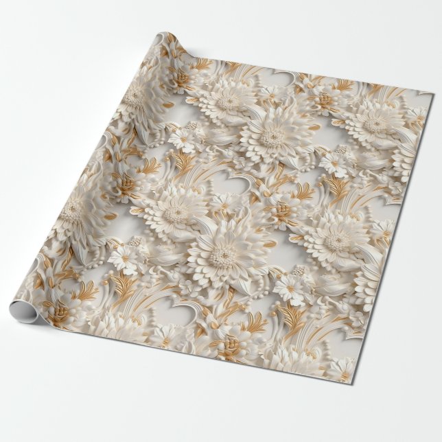 Cute 3-D Ivory/Gold Christmas Florals Wrapping Paper (Unrolled)