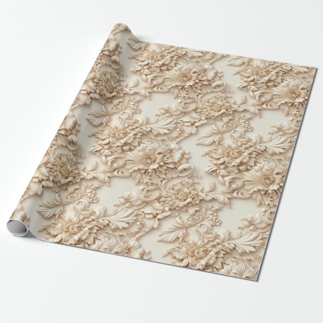 Cute 3-D Ivory/Gold Christmas Florals Wrapping Paper (Unrolled)