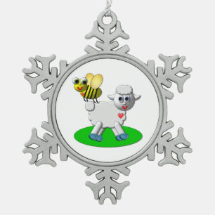 Cute 3-D Look Bee and Lamb Snowflake Pewter Christmas Ornament