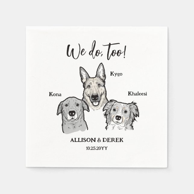 Cute 3 Dogs Pet Drawing Artwork Wedding Napkins (Front)