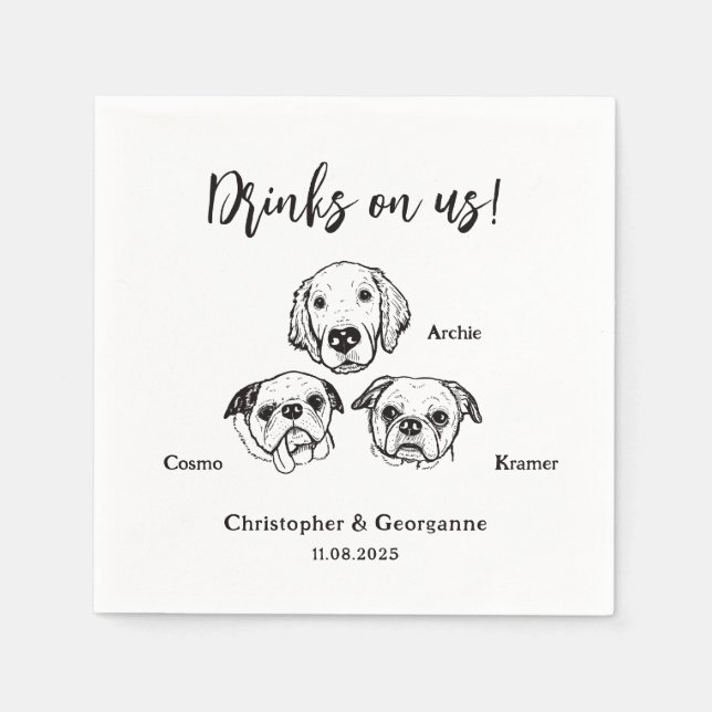 Cute 3 Dogs Pet Drinks on Us Wedding  Napkins (Front)