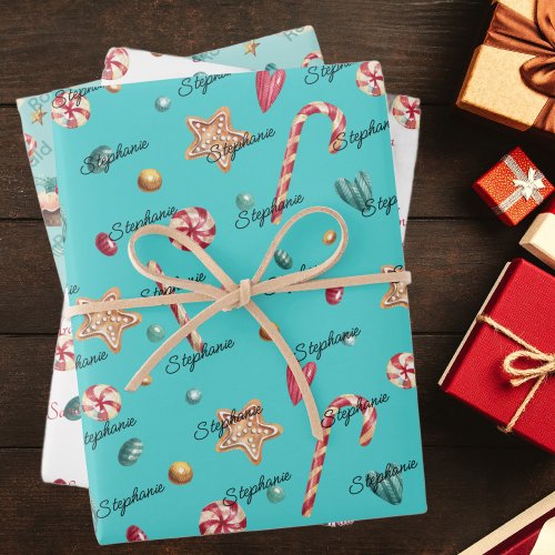 Cute 3 Personalized Christmas Candy 19x29 Wrapping Paper Sheets