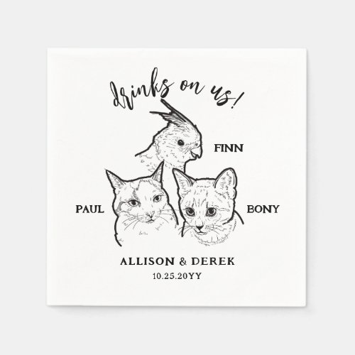 Cute 3 Pet Cat Faces Drinks on Us Wedding Napkins