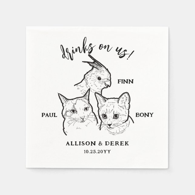 Cute 3 Pet Cat Faces Drinks on Us Wedding Napkins (Front)