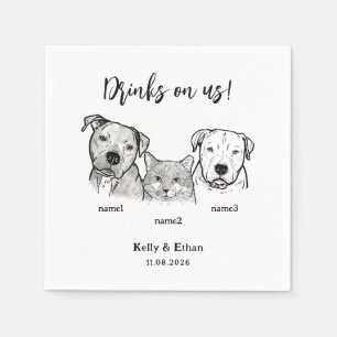 Cute 3 Pets Drinks on Us Dog Cat Wedding Napkins