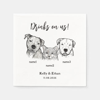 Cute 3 Pets Drinks on Us Dog Cat Wedding Napkins