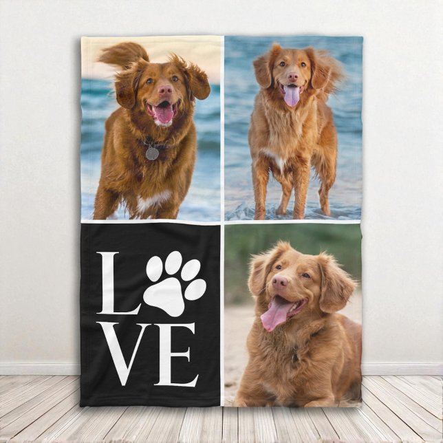 Cute 3 Photo Collage Dog Lover Paw Print Pet Fleece Blanket (Creator Uploaded)