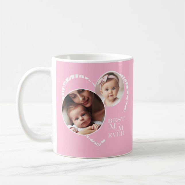 Cute 3-Photo Pink & White Heart, "Best Mom Ever" Coffee Mug (Left)