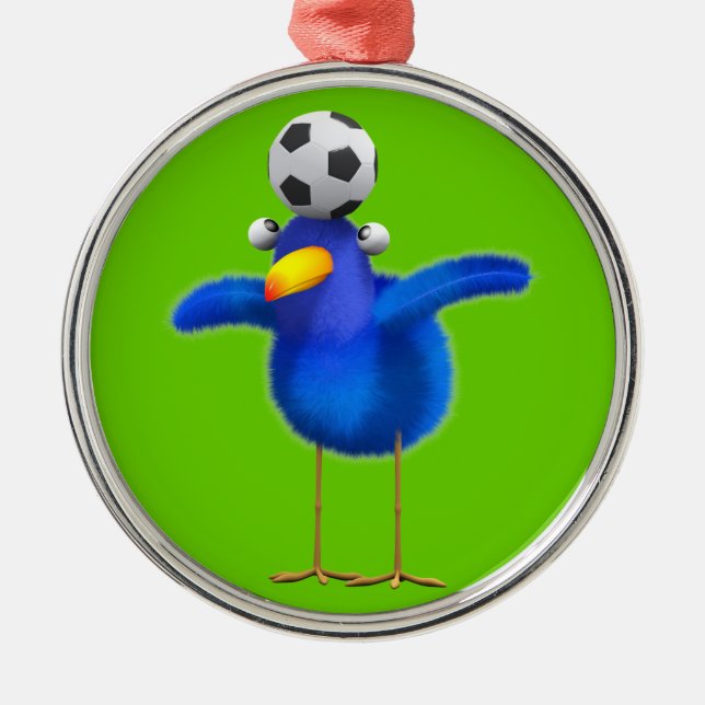 Cute 3d Bird plays Football (editable) Metal Ornament (Front)
