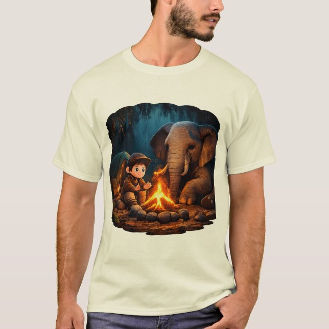 “Cute 3D Boy & Elephant Campfire Sticker in Dark J T-Shirt (Front)