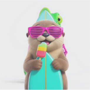 Cute 3D Cartoon Surfer Sea Otter Vinyl Sticker