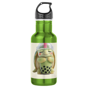 Cute 3D Cartoon Turtle Hugging Matcha Boba Tea Ill Stainless Steel Water Bottle