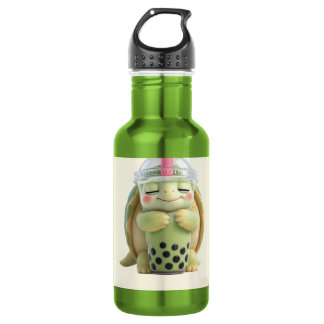 Cute 3D Cartoon Turtle Hugging Matcha Boba Tea Ill Stainless Steel Water Bottle