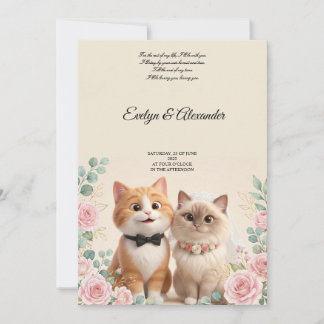 Cute 3D Cat Bride and Groom Cream Wedding Invitation