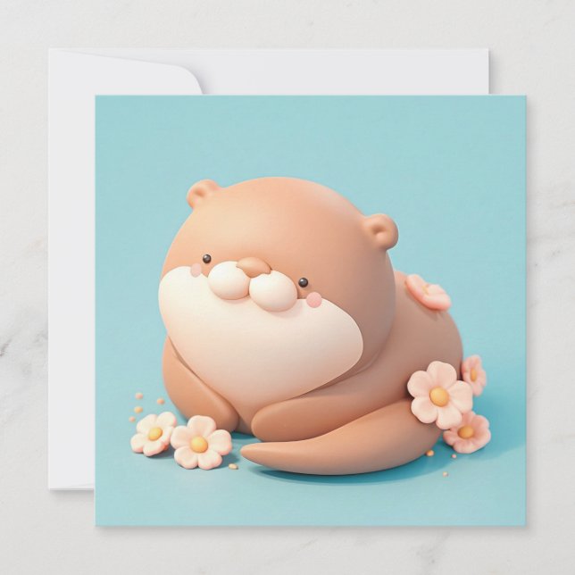 Cute 3D Clay Otter with Pink Flowers Postcard (Front)