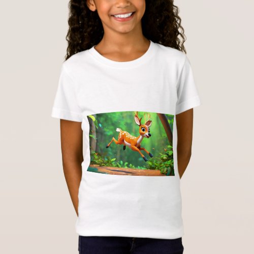 Cute 3D Deer in Jungle _ Girls T_Shirt T_Shirt