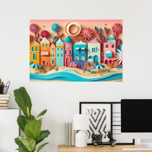 cute 3d effect beach house poster