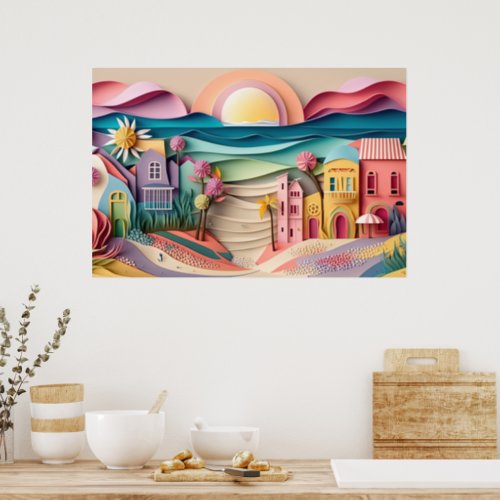 cute 3d effect beach house  poster