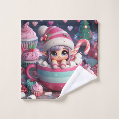 Cute 3d elf girl in a mug full of sweets wash cloth