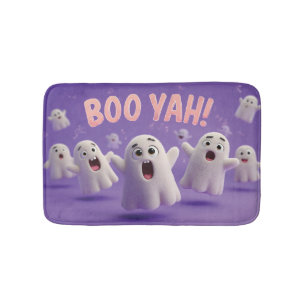 Cute 3D Fuzzy Ghost Characters Yelling Boo Yah! Bath Mat