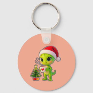 **Cute 3D Green Alien in Santa Hat with Hot Chocol Keychain
