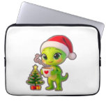 **Cute 3D Green Alien in Santa Hat with Hot Chocol Laptop Sleeve