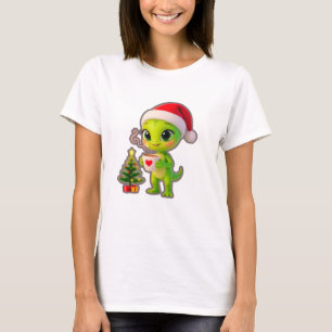 **Cute 3D Green Alien in Santa Hat with Hot Chocol T-Shirt
