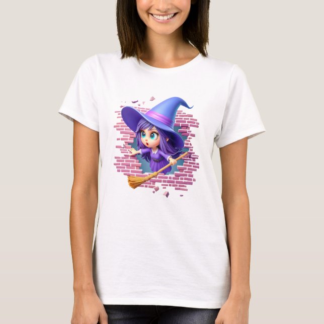 Cute 3d Halloween Witch Breaking Through A Wall T-Shirt (Front)
