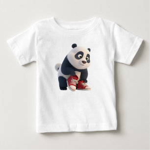 Cute 3D Panda Cub in Red Sneakers Baby T-Shirt