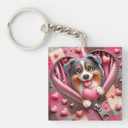 Cute 3D Puppy in a Pink and White Background 20 Keychain