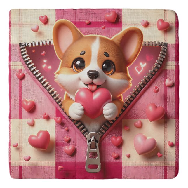 Cute 3D Puppy in a Pink and White Background (24) Trivet (Front)