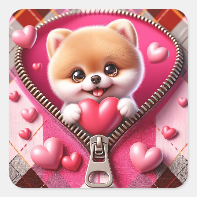 Cute 3D Puppy in a Pink and White Background (2) Square Sticker (Front)