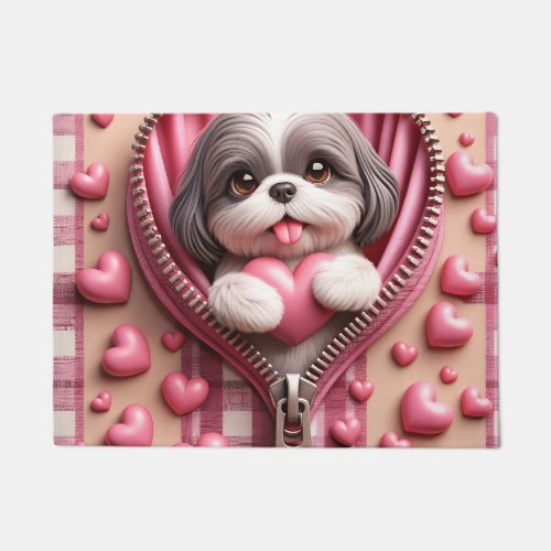 Cute 3D Shih Tzu in a Pink and White Background Doormat