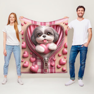 Cute 3D Shih Tzu in a Pink and White Background Fleece Blanket